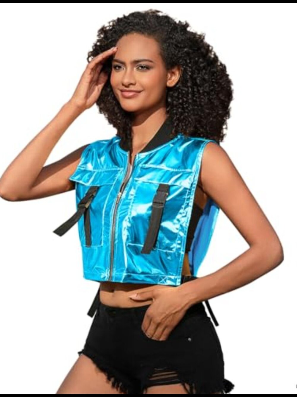 Cropped Metallic Cargo Vest Zip Up Sleeveless Jacket Women Streetwear Rave